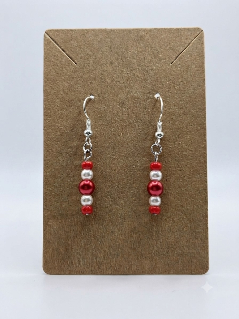 Red & White Pearl Dangle Earrings - Silver Tone